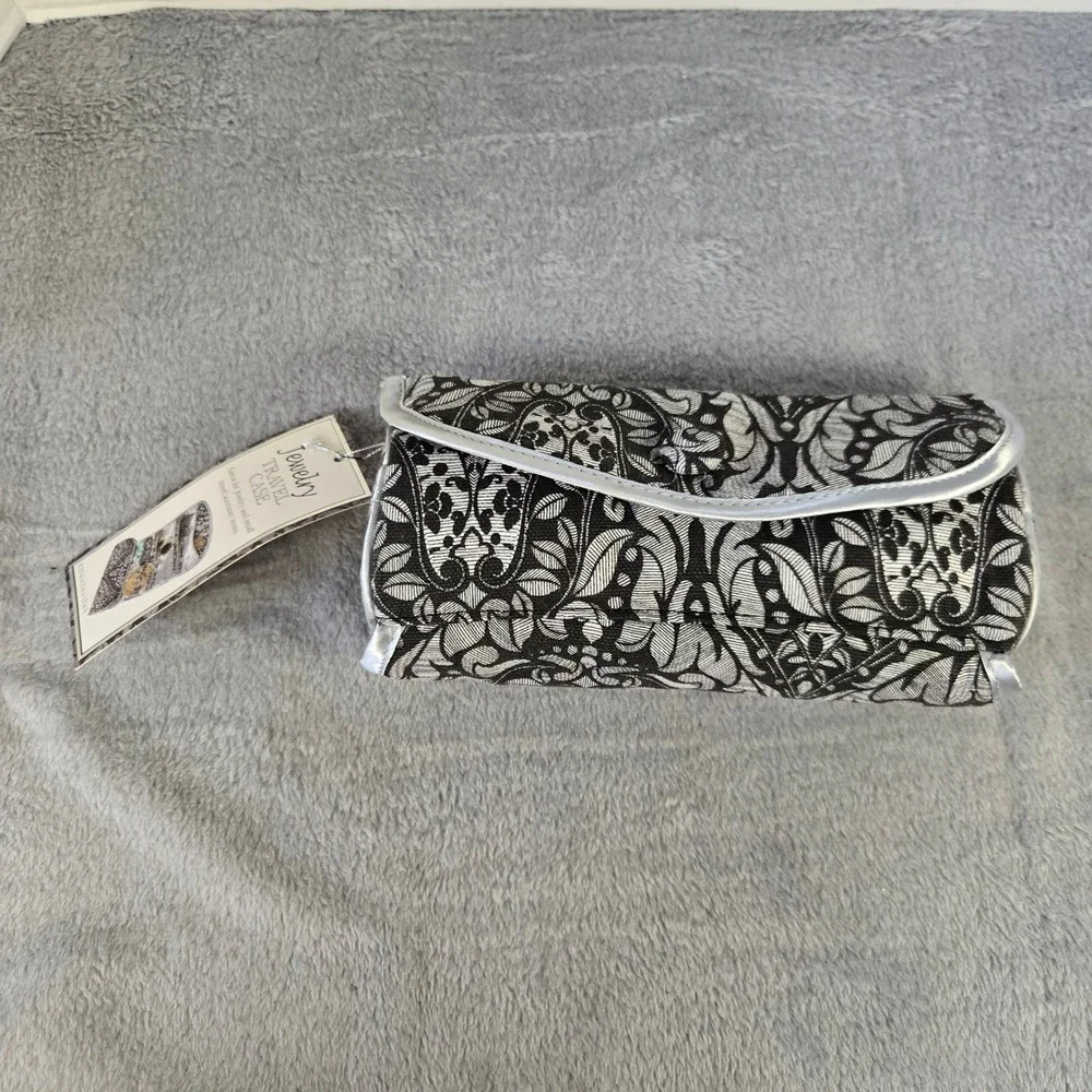Black White Damask Brocade Jewelry Travel Case Organizer Roll Silver Trim NWT
